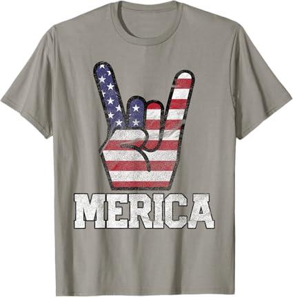 Merica Rock Sign 4th of July Vintage American Flag Retro USA T-Shirt Gray L
