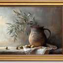 Bzstyleart Vintage Wall Art Decor, Gold Framed Wall Art 12 x 16 Inch Pottery Jar Olive Branch for Office, Canvas Picture Print Painting for Bedroom Living Bathroom Dorm