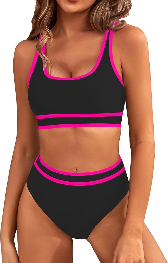 BMJL Women's High Waisted Bikini Sets Sporty Two Piece Swimsuits Color Block Cheeky High Cut Bathing Suits (Large, Black Pink011)