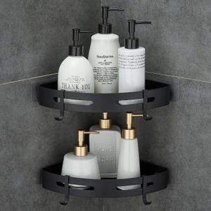 Hoomtaook Adhesive Corner Shelf Bathroom Shower Caddy Organizer for Kitchen Toilet No Drilling 2-Tier Bathroom Corner Shelves Shower Caddies (Black)