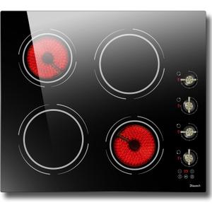 24 Inch Electric Cooktop - 4 Burner Drop-in Glass Ceramic Stove Top 6000W, 220V Radiant Electric Stove, 9 Power Level, Pause Key, Safety Lock, Touch & Knob Control, 240V Hard Wired (No Plug)
