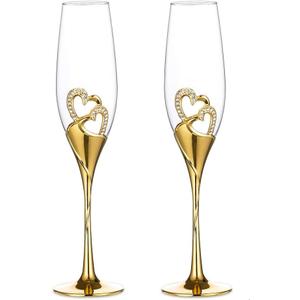 Wedding Champagne Glass Set Gold Toasting Flute Glasses Deluxe Pack of 2 with Rhinestone Rimmed Hearts Decoration for Wedding, Anniversary and Special Occasions