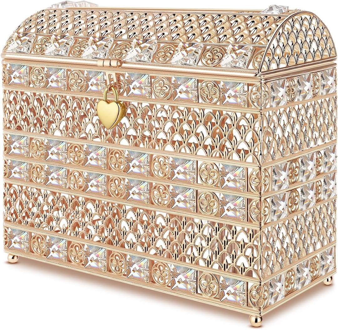 Nitial Crystal Wedding Card Box with Heart Lock 11in Wedding Money Box Treasure Chest Gold Bead Card Receiving Memory Storage for Reception Brithday Graduation Baby Shower Party Decor(Exquisite Style)
