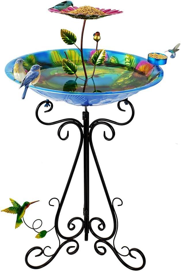 DREAMSOUL 20" Dia Bird Bath Stand Metal Birdbath with Folding Bracket, 2 in 1 Hummingbird Deep Bird Bath for Outside