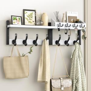 Evermagin 29" Coat Rack Wall Mount with Shelf, 4 in 1 Coat and Key Hanger with 11 Metal Hooks, Entryway Wall Mounted Shelf with Mail Holder for Living Room, Bedroom, White