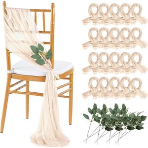 QueenDream Wedding Chair Sashes Aisle Decorations: 24 Pack Champagne Chair Cover 8FT Long Tulle Draping Fabric Reception Church