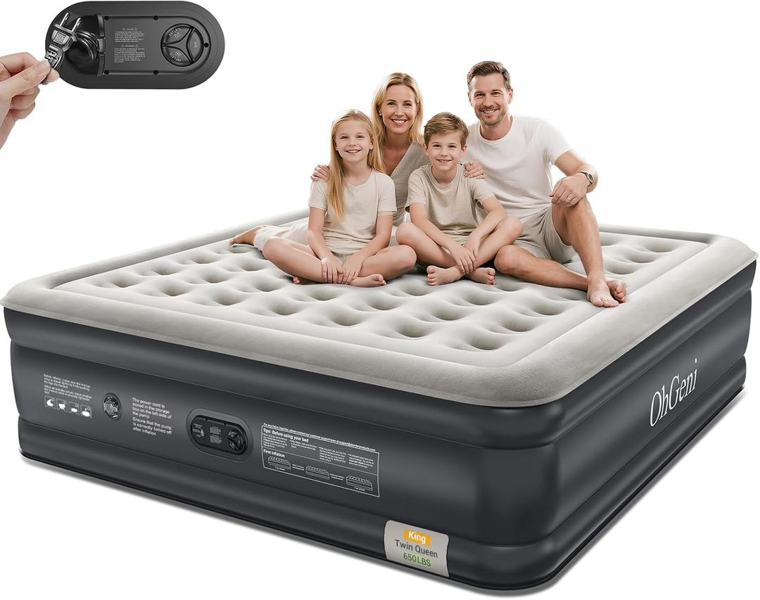 OhGeni King Size Air Mattress, Family Choice Award with Built in Pump, Ideal Alternative to a Bed, 18'' Comfortable Blow Up Colchones Inflables Mattress for Home, Guests, Portable Air Bed, 700 lbs