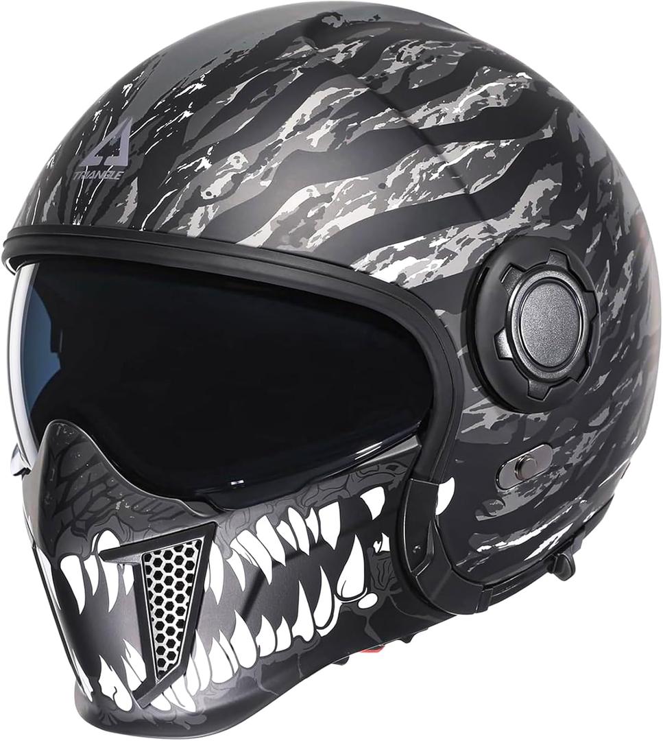 TRIANGLE Full Face Motorcycle Helmets,Off-Road Motocross Helmet for Men & Women,Dual Visor with Internal Tinted Sunshield,Open Face 3/4 Adult Racing Helmet DOT Approved(XXL) (Black White)