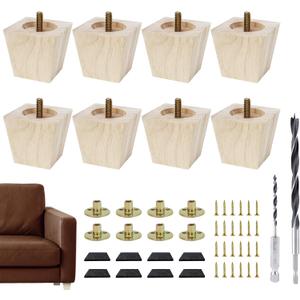 Furniture feet Table Legs Couch Legs Unfinished Square Bed Feet 2 inch Wood Replacement Leg for Furniture Set of 8, Natural (8set, 2in)