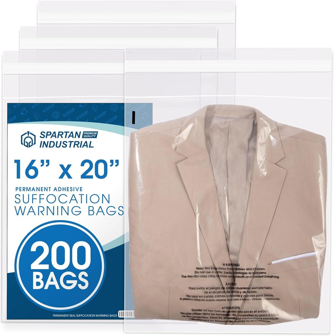 Spartan Industrial - 16" X 20" (200 Count) Self-Seal Clear Poly Bags With Suffocation Warning for Packaging, Blankets, Clothing - Permanent Adhesive