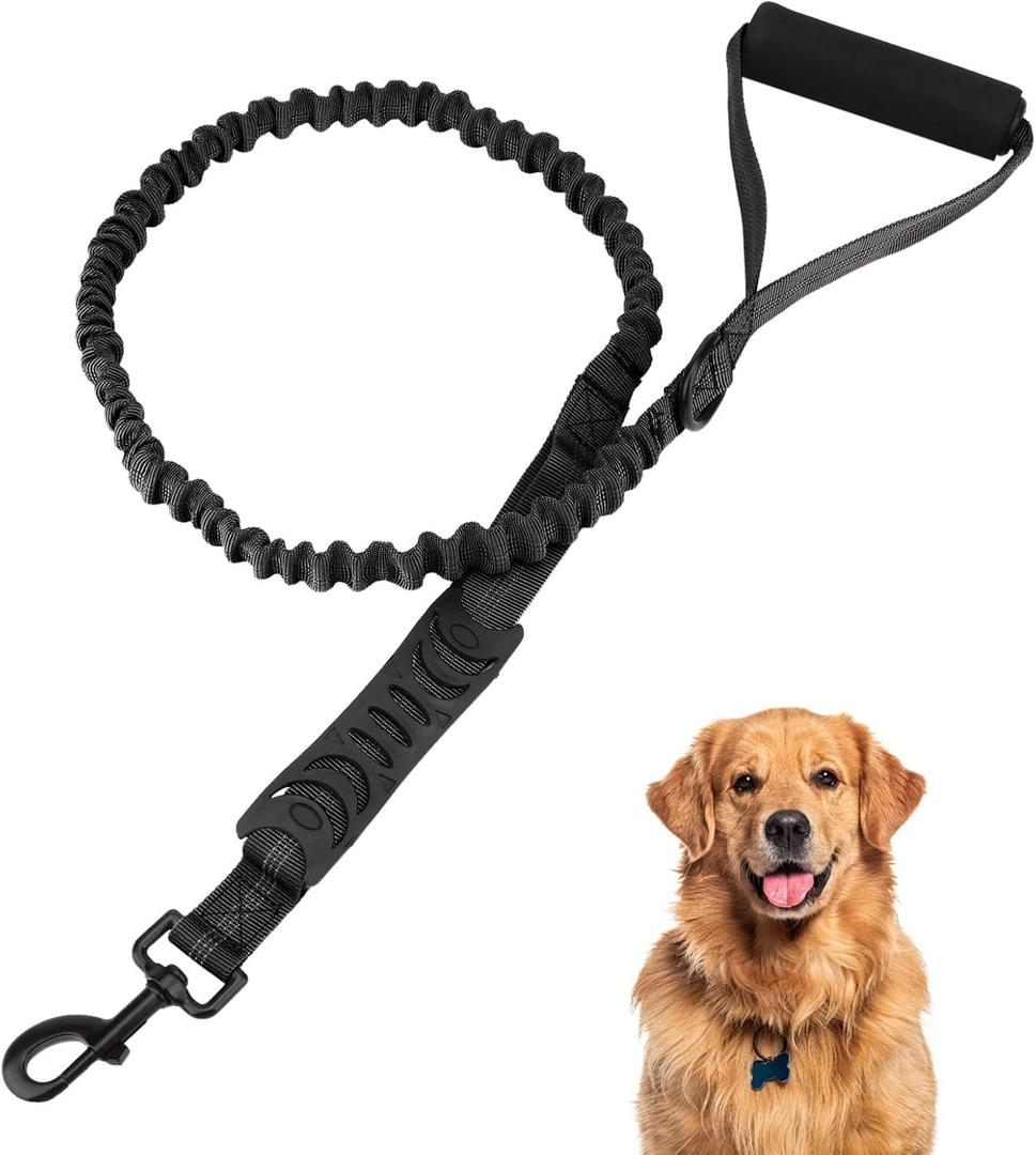 Heavy Duty Bungee Dog Leash with Shock Absorbing & Reflective Stitching - Adjustable 4-6FT Tactical Training Leash for Strong Pullers, Dual Padded Handles for Medium/Large DogsBlack