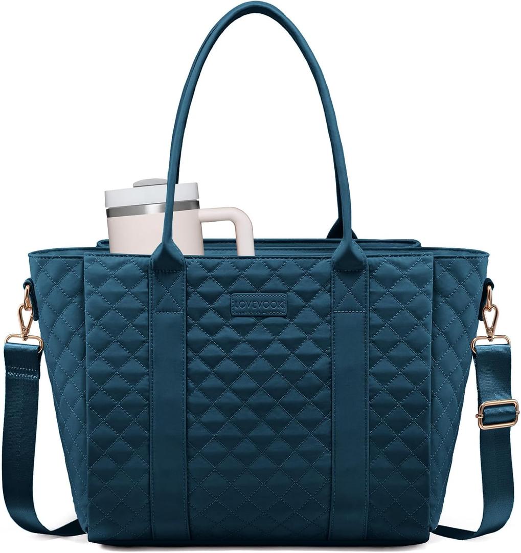 LOVEVOOK Teacher Tote Bag for Women, Quilted Work Tote Nurse Laptop Bag, Large Computer Shoulder Bags with Zipper for Travel (15.6 Inch, Blue Green-B)