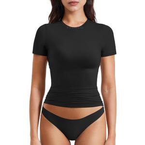 YEOREO Women Fitted Workout Tops Short Sleeve Double Lined Basic Y2K Going Out Crew Neck Compression Crop Top (Medium, Black)