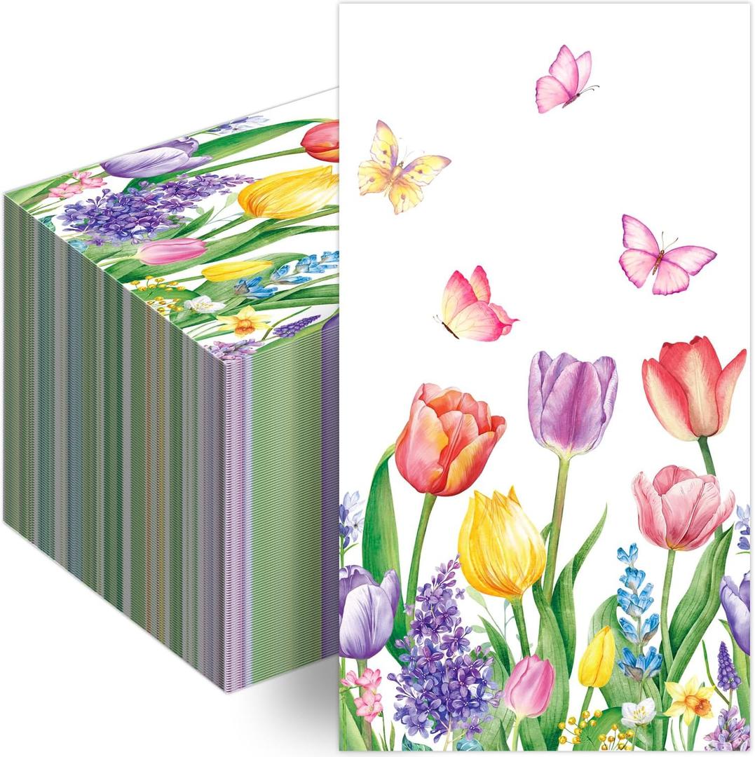 100 Spring Floral Disposable Paper Decorative Guest Napkins Watercolor Tulip Dinner Napkins Floral Decorative Hand Towel for Party Lunch Dinner Kitchen Bathroom