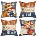 Fahrendom Thanksgiving Gnome Decorative Throw Pillow Covers 18 x 18 Set of 4, Grateful Thankful Blessed Porch Patio Outdoor Pillowcase, Faith Family Fall Autumn Plaid Farmhouse Cushion Case Home Decor