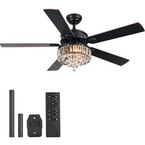 VONLUCE Ceiling Fans with Lights, 52" Crystal Ceiling Fan and Remote, 5 Blades, 6-Speeds Noiseless Reversible DC Motor, Chandelier Ceiling Fan for Farmhouse Bedroom Indoor, Black