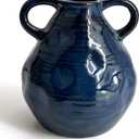 LIFFY Blue Ceramic Vase 6.3 Inch - Double Handles Farmhouse Centerpiece for Table, Handmade Vintage Decor