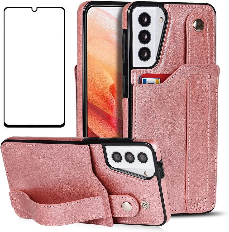 NKECXKJ Design for Samsung Galaxy S21 5G Phone Case with Screen Protector Adjustable Wrist Strap Kickstand Credit Card Slot Slim Shockproof Hybrid Rugged Protective Cover for Women 6.2 inch Rose Gold