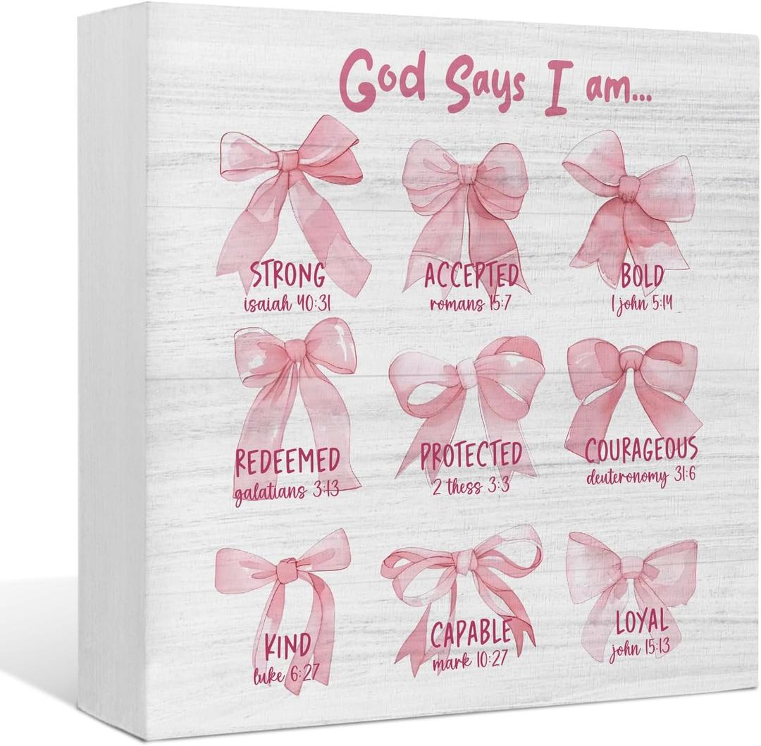 2 x EIONEY God Says I am Desk Decor - Wooden Signs, Pink Bow Bible Verse Wood Box Sign for Girl Bedroom Dorm Home Office, Teen Girl Room Wall Tabletop Shelf Decor, 5x5 Inch