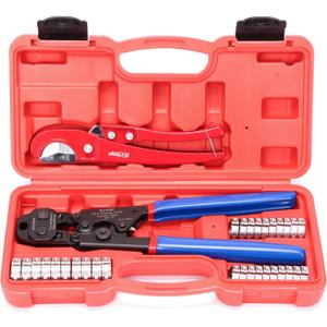 iCrimp Ratchet PEX Cinch Tool with Removing Function for 3/8-in, 1/2-in, 3/4-in, 1-in Stainless Steel Clamp, PEX Crimper with 20PCS 1/2-in, 10PCS 3/4-in PEX Clamps and Pipe Cutter- All in One
