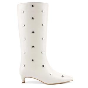 QIV White Studded Knee High Boots Women Pointed Toe Kitten Heel Mid Wide Calf Boots with Zipper Size 8.5