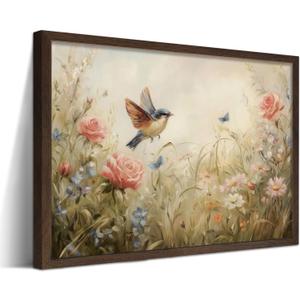 Vintage French Framed Wall Art, Wildflower Meadow Bird Canvas Prints for Living Room, Spring Floral Oil Painting in Wood Frame, Nature Botanical Picture for Bedroom Office 8x10 inch