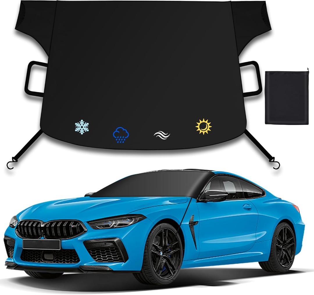 Windshield Cover for Ice and Snow,New Upgraded Heavy Duty Windshield Snow Cover,Extra Large Size (75"x45"),Windproof Winter Frost and Deicing Awning Suitable Fzor Cars, Trucks, SUVs (Black grey)