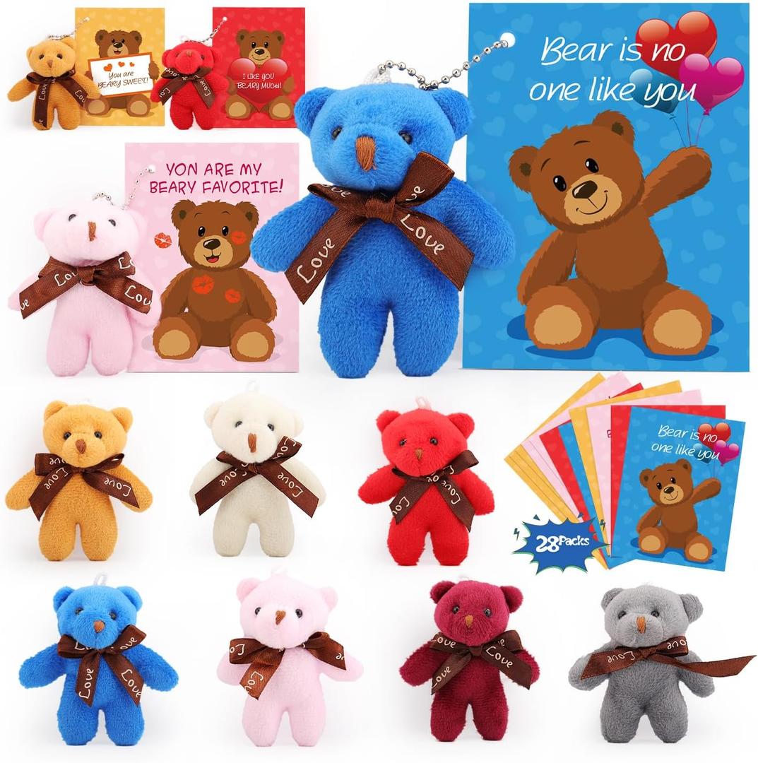 AUUGUU 28 PCS Valentines Day Cards for Kids School with Bear Stuffed Animal Plush Toys , Kids Valentine Party Favor, Valentine's Day Classroom Prizes, Ideal Valentine Exchange Gift