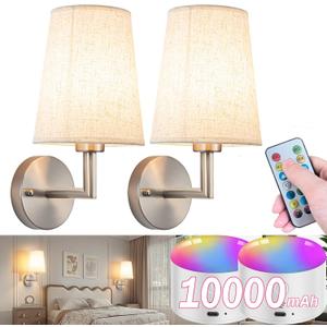 Wall Sconce Battery Operated Wall Light Fixure with Remote Control, Dimmable Battery Operated Wall Sconces Set of Two, Indoor Wireless Wall Mounted Lamp with Rechargable Bulb for Bedroom Living Room