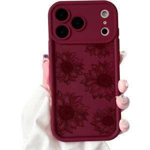 NITITOP Compatible for iPhone 17 Pro Case Cute Sunflower Floral Design for Women Girls Flower Artistic Soft TPU Shockproof Protective Full Camera Protection Cover - Wine Red