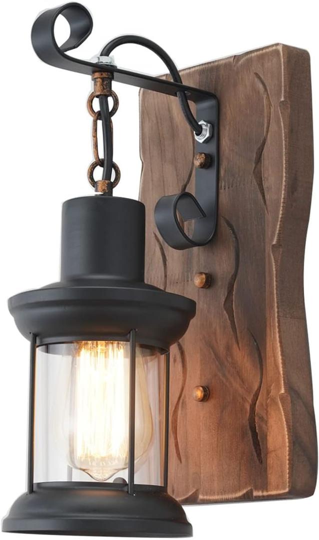 Vintage Industrial Wall Sconce, Rustic Light Fixtures Wood Metal Farmhouse Indoor Black Wall Sconce Fixture for Dining Room, Hallway, Hotel, bar, Porch Corridor Decorate (1pack)