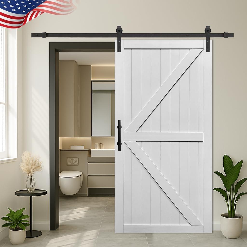 S&Z TOPHAND 42in x 84in MDF Barn Door with 8FT Sliding Door Hardware Kit, Solid Barn Door Slab Covered with Water-Proof PVC Surface (White)
