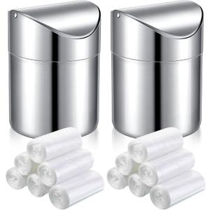 2 Pcs Desk Trash Can with Swing Lids, 12 Rolls of Trash Bags, 2L Brushed Stainless Steel Countertop Garbage Bin Small Wastebasket with Lid for Office Desk, Coffee Table(Silver)