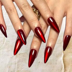 Halloween Press on Nails Long Almond Fake Nails Red Cat Eye Acrylic Nails Shiny Glitter Glue on Nails Reusable Full Cover Stiletto Artificial Stick on Nails for Women Manicure 24Pcs