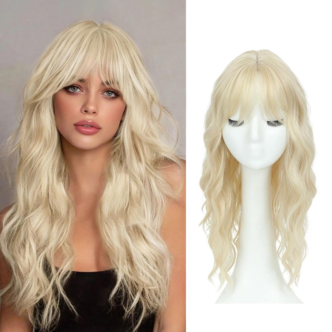 UDU Blonde Hair Topper with Bangs for Women, 20inch Wavy Clip In Topper Hairpiece for Thinning Hair, Natural Looking Lightweight Top Hairpiece