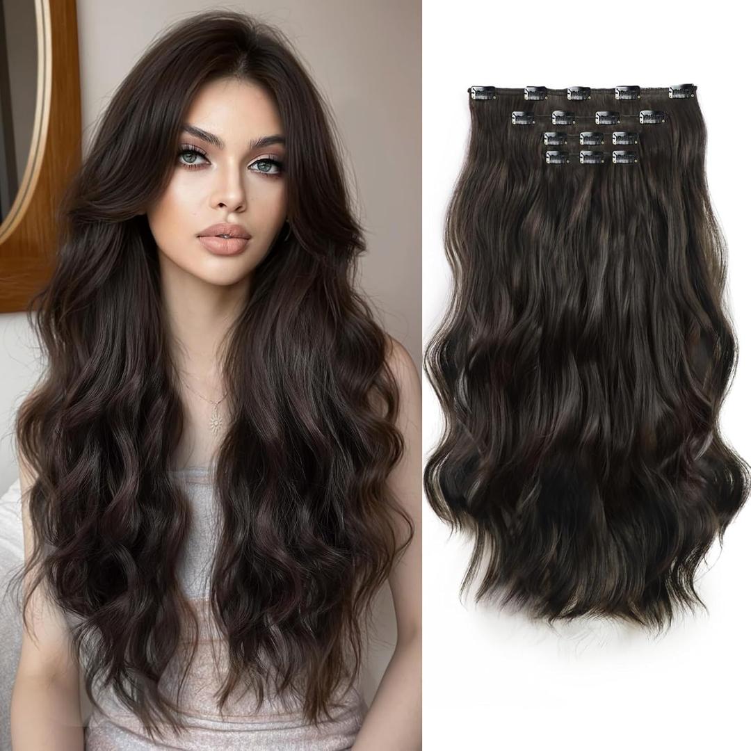 Long Hair Clip in Extensions 4PCS Seamless Clips ins for Women Non-Weft Wavy Easy Hairpieces Charming Wave Synthetic Fiber 22 Inch Full Head Breathable and Soft for Daily Use Natural Black