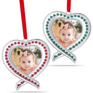 Klikel Christmas Photo Ornament - Silver Heart Photo Frame - 2 Pc Picture Ornament for Tree - Red and Green Frame with Gift Box