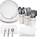 Juvale 144 Piece Silver Party Supplies for Wedding, Birthday - Silver Table Decorations with Plates, Napkins, Cups, and Cutlery (Serves 24) - Plates And Napkins Party Supplies