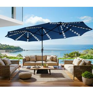 SUPERJARE 13ft Outdoor Patio Umbrella with Solar Lights, Double-sided Deck Pool Umbrella with 1.5 Inch Pole, Fade Resistant Canopy, 12 Sturdy Ribs, for Porch, Market, Backyard, Navy Blue(No Base)