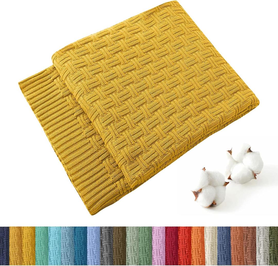 TREELY 100% Cotton Knitted Throw Blanket Couch Cover Blanket(50 x 60 Inches, Gold Yellow)