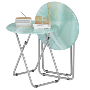 TV Tray Round Table, Small Foldable Table, Portable Dinner Table for Eating, Snack Side Trays Table Set of 2, No Assembly Required (Ocean Blue Marble, 2Pcs)