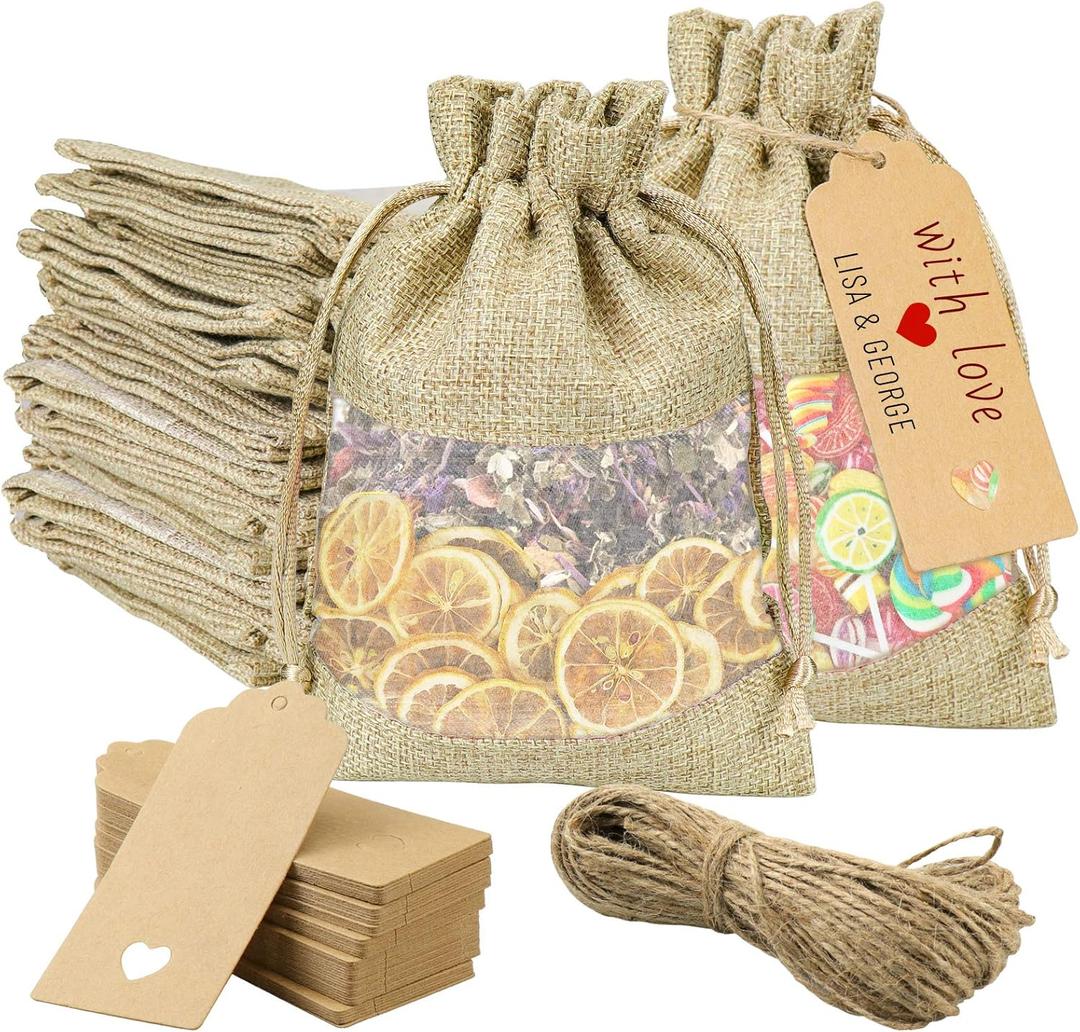 GIOIPC 50Pcs 5 x 7 Inch Linen Burlap Sheer Bags with Drawstring and Bonus Gift Tags for Wedding Birthday Bag,Craft Bags,Cosmetic Samples (1 count (Pack of 50))
