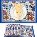 Cunhill Dining Table Placemats Set of 6 Cotton Linen Cloth Non Slip Mats Washable Vintage Blue Floral Placemats for Holiday Banquet Kitchen Dinner Table Party Decorations, 18.9 x 13 Inch