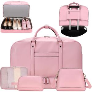 Large 4-in-1 Leather Duffle Bag for Travel Weekender Overnight Hospital Gym Bag for Men & Women, Carry On Airline Approved Personal Item Duffel Garment Bag Luggage with Shoe Compartment & Toiletry Bag