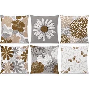 COMMINY Brown Grey Pillow Covers 18x18 Set of 6 Decorative Daisy Flower Throw Pillow Cover for Couch Modern Coffee Pillow Case for Patio Living Room Cushion Bed Farmhouse Home Decor