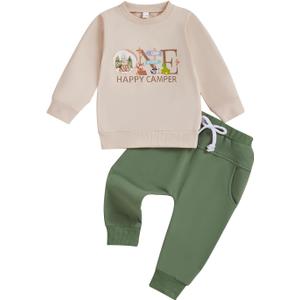 Baby Boy First Birthday Outfit Long Sleeve One Year Birthday Sweatshirt and Pants Sets Cake Smash Outfit 2Pcs (12-18 Months, A-Beige Green)