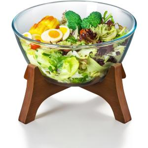 Buaic Large Glass Salad Bowl with Acacia Wood Base,5 L Decorative Glass Mixing Bowl Clear Borosilicate Glass Fruit Bowl and Trifle Bowl, Multifunctional Bowl for Popcorn,Chip, Bread,Snacks, Extra Large