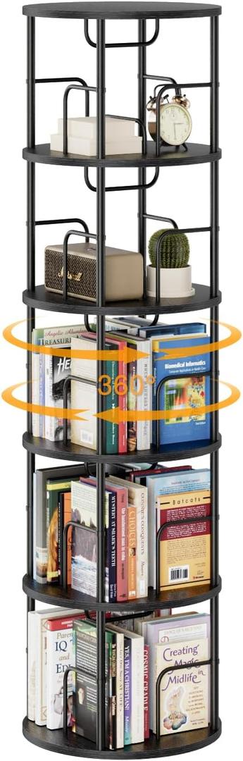 5 Tier Rotating Bookshelf, 360 Display Spinning Corner Bookshelf, Space-Saving Metal Frame Bookcase for Living Room, Office, Bedroom, Black