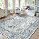 Area Rugs 5'x7' Washable Non-Slip, Floral Vintage Distress Print Pattern Medallion Carpet for Living Room Bedroom Dining Room, Light Blue Navy Beige Gray White