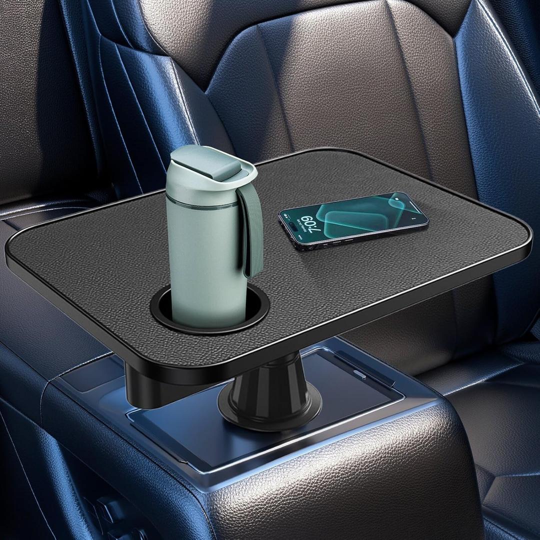 Car Tray& Car Desk for Laptop,Dual 360 Rotating,Anti Slip Leather Surface, Food Tray, Cup Holder Table Compatible with Tesla Model Y/3/S, Ford F150/Explorer/Maverick/Home Theater Seating (Black)